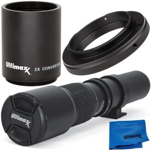 Ultimaxx 500mm/1000mm F/8 Preset Telephoto Lens Kit For Canon EOS 80D,77D,70D,60D,60Da,50D,7D,7D II,6D,6D II,5D Mark II,III,IV,5DS,1DS,T7i,T7s,T7,T6s,T6i,T6,T5i,T5,T4i,SL2 & SL1 Digital SLR Cameras
